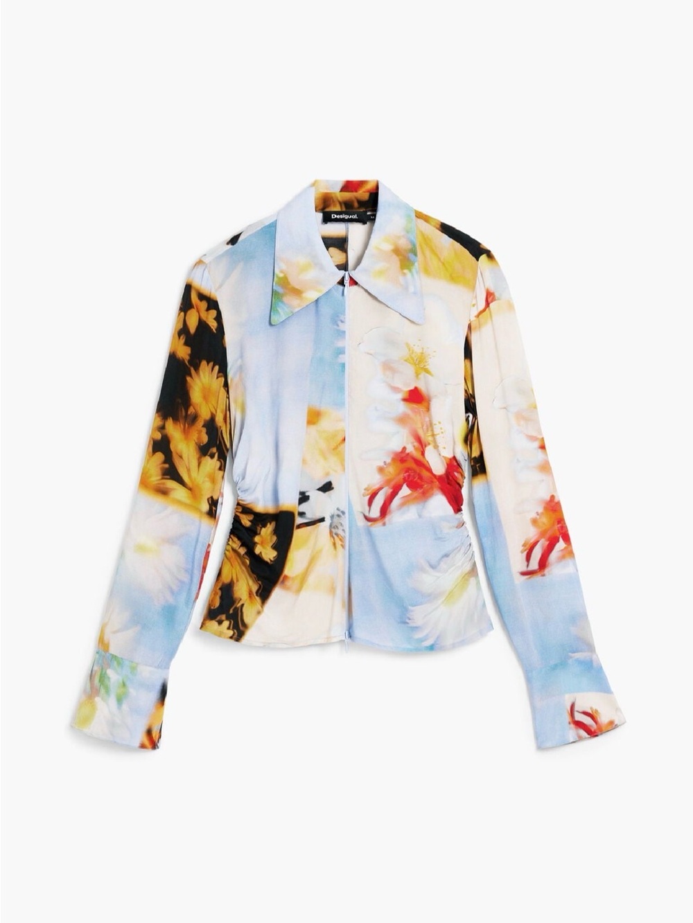 Desigual Multicolor Floral Satin Blazer in Sky Blue, Black, Yellow